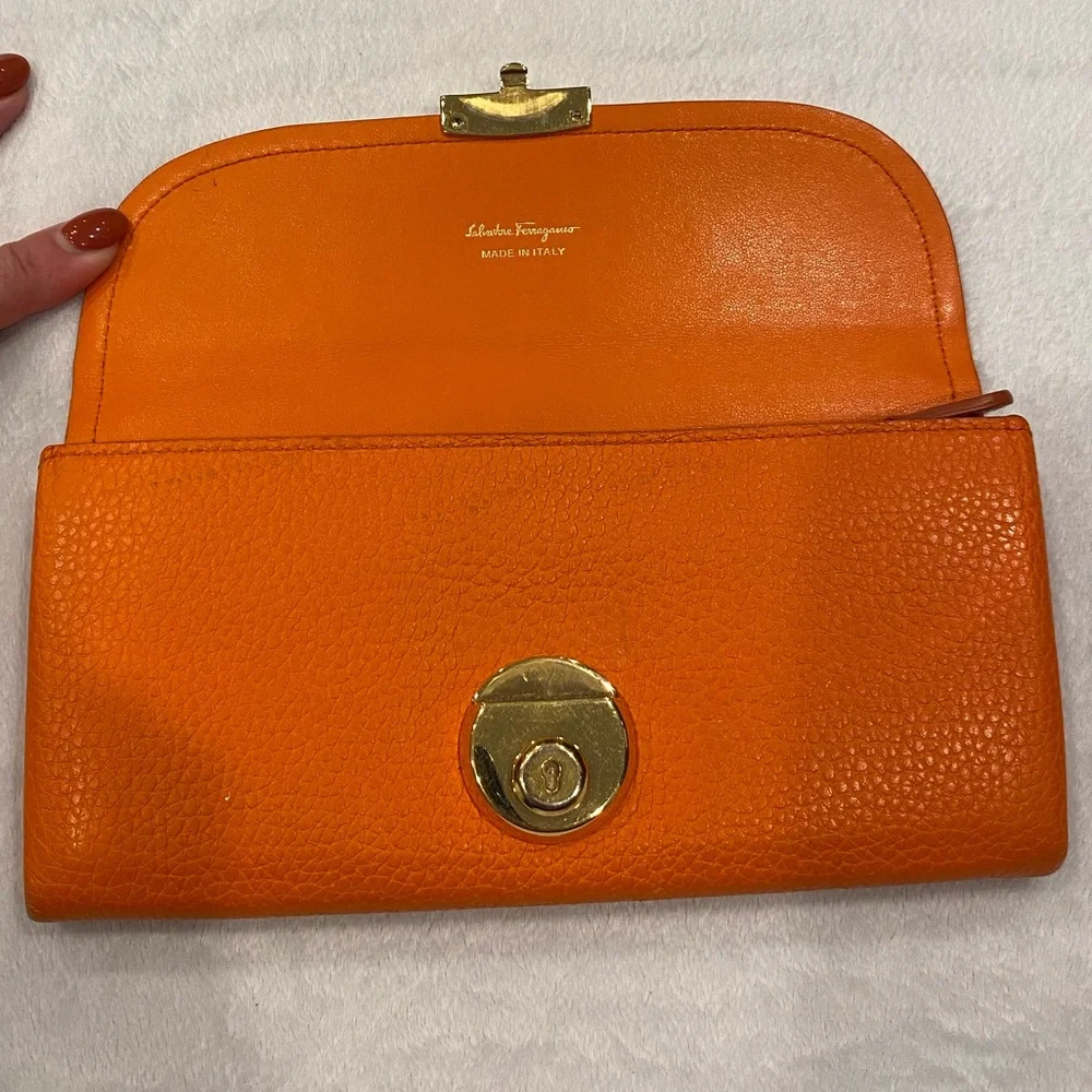 Ferragamo Orange Leather Continental Wallet with Gold Clasp